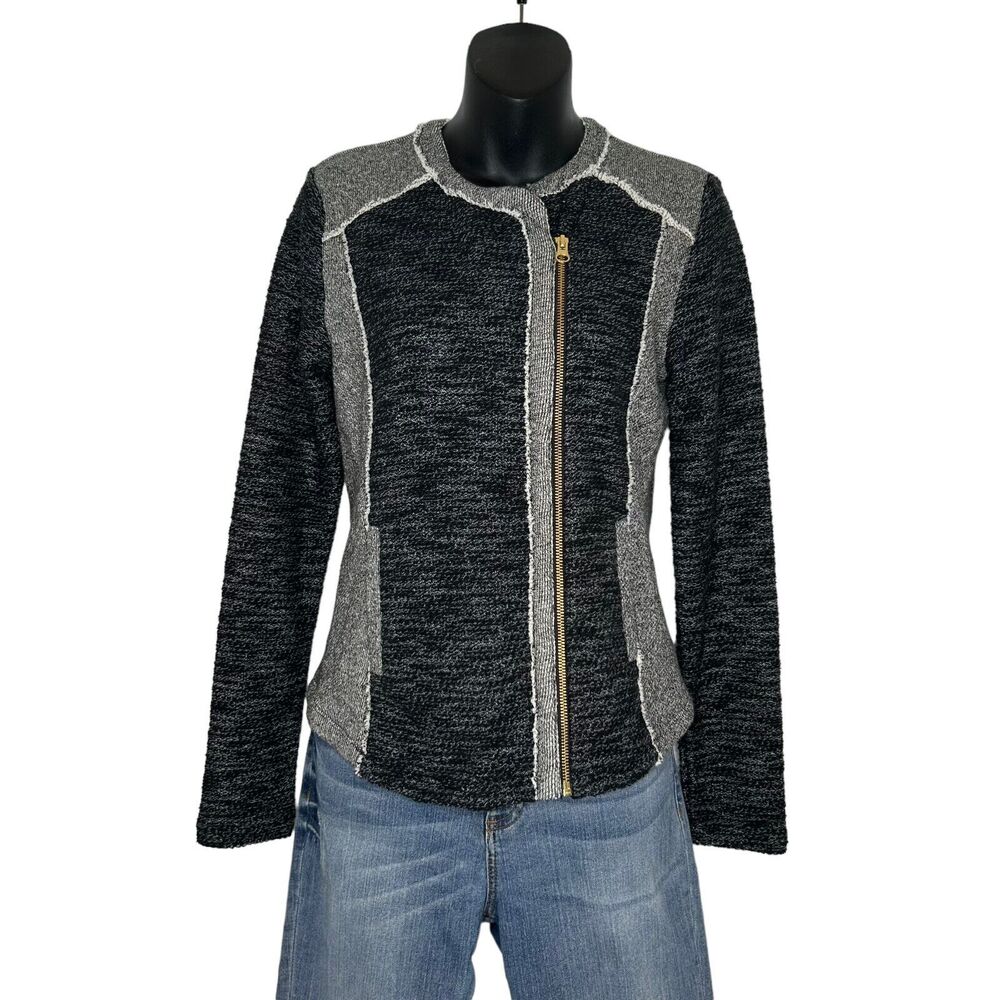 LUCKY BRAND Women’s SMALL Full Zip Moto Knit‎ Sweater/Jacket  Pockets Black Gray